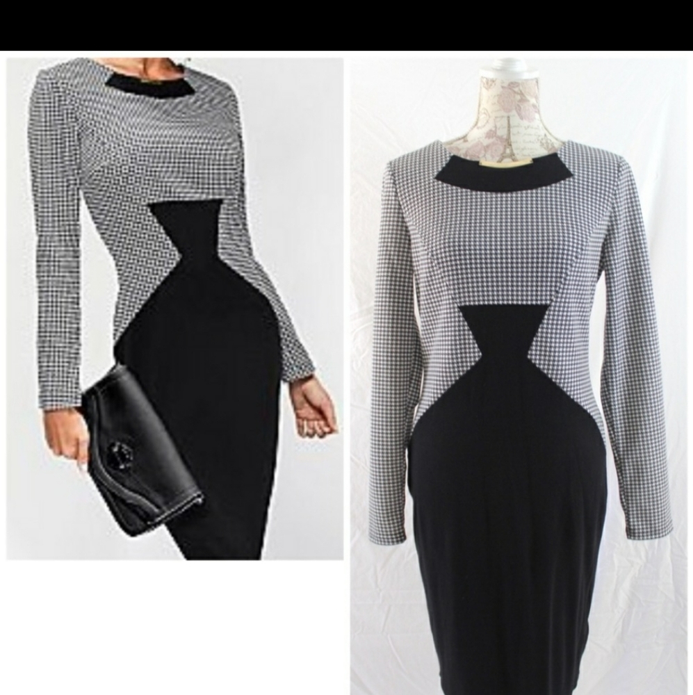 Long Sleeve Houndstooth midi classic career Dress